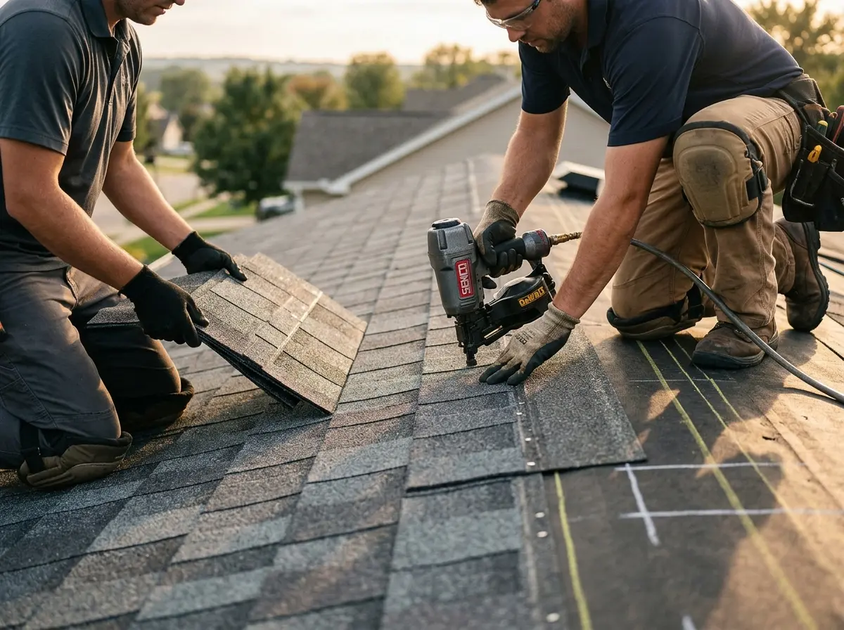 Professional roofer working on a residential roof in Scriba